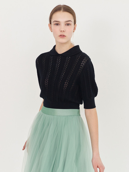 [미전시]JANE Round collar puff sleeve crochet blouse (Black)