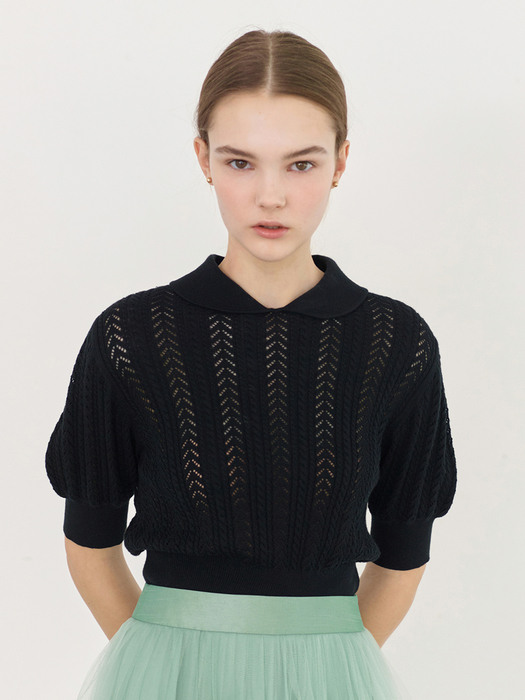 JANE Round collar puff sleeve crochet blouse (Black)