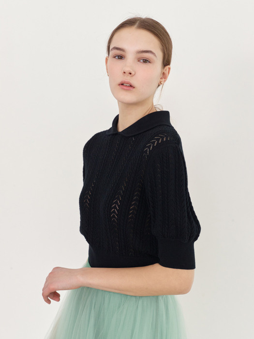 JANE Round collar puff sleeve crochet blouse (Black)