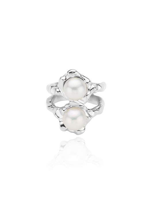 Silver double pearl wave ring