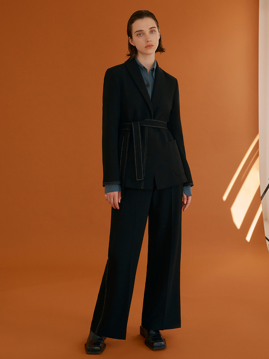 [Drama Signature] Shawl Collar Blazer + Wide-leg Trousers SET (BLACK)