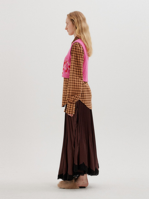 TOVEL Lace Trim Pleated Skirt - Brown