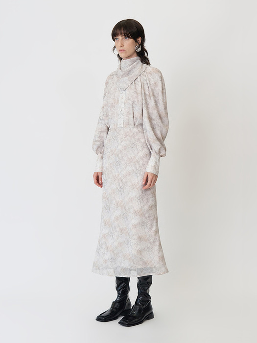 LONG-SLEEVED DOUBLE-LAYERED MIDI DRESS - LYRICAL ABSTRACT PRINT