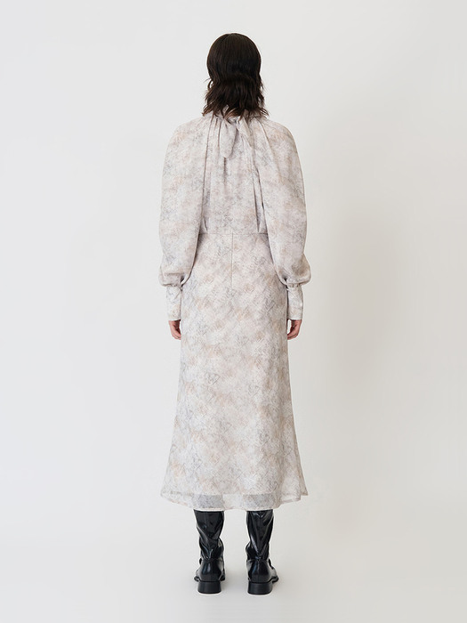 LONG-SLEEVED DOUBLE-LAYERED MIDI DRESS - LYRICAL ABSTRACT PRINT