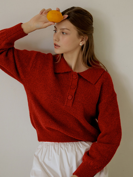 Button collar wool knit (red)