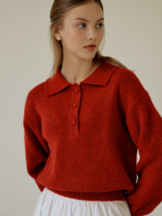 Button collar wool knit (red)