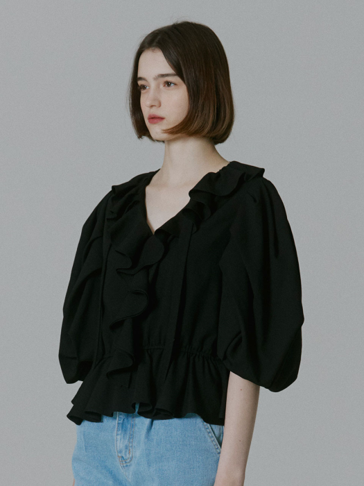 Manon ruffle Volume Sleeve Blouse_Black