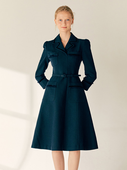 GWYNETH Velvet-trimmed tweed dress (Cream ivory/Deep navy)
