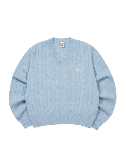 Cashmere Cable Crop V-Neck Knit Blue