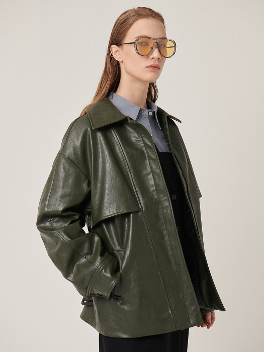 ZIP UP FAKE LEATHER TRENCH JACKET