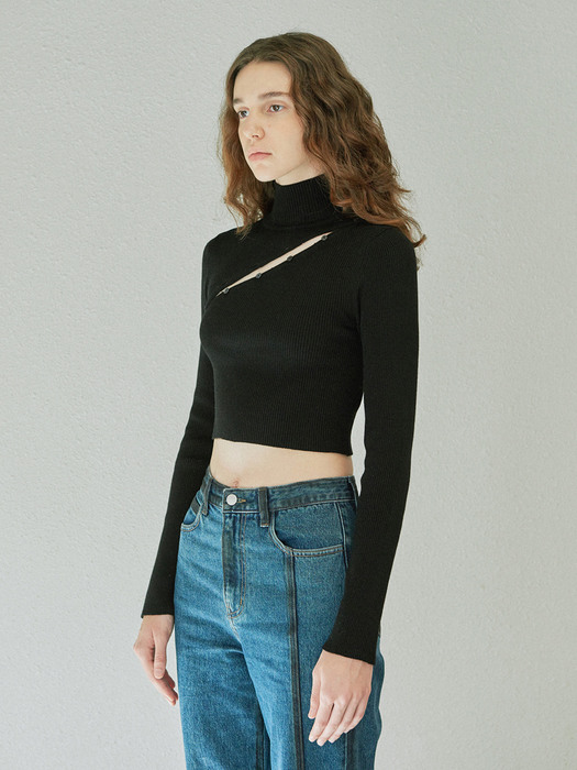 POLO NECK BUTTON KNIT TOP (black)