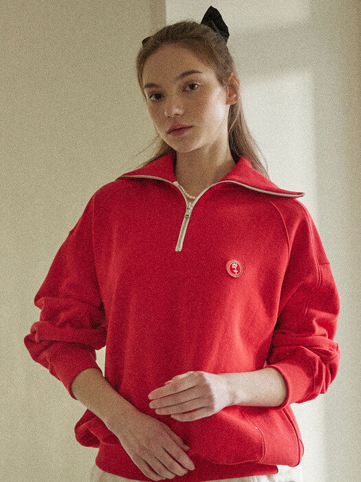 Rose Wappen Rib Block Half Zip-up Sweatshirt - Red