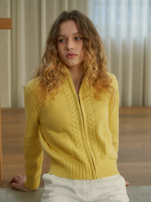 SIKN2062 Cable zip up cardigan_Yellow