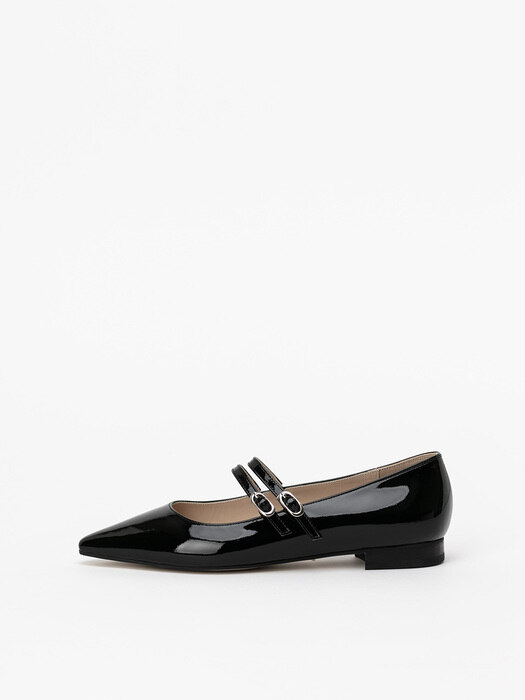 Cassata Double Strap Maryjane Flat Shoes in Black Patent