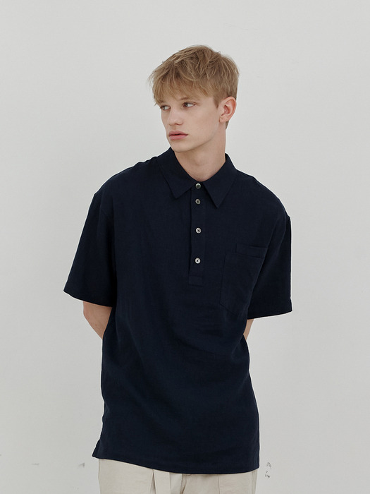 Linen pullover double pocket 1/2 shirt (navy)