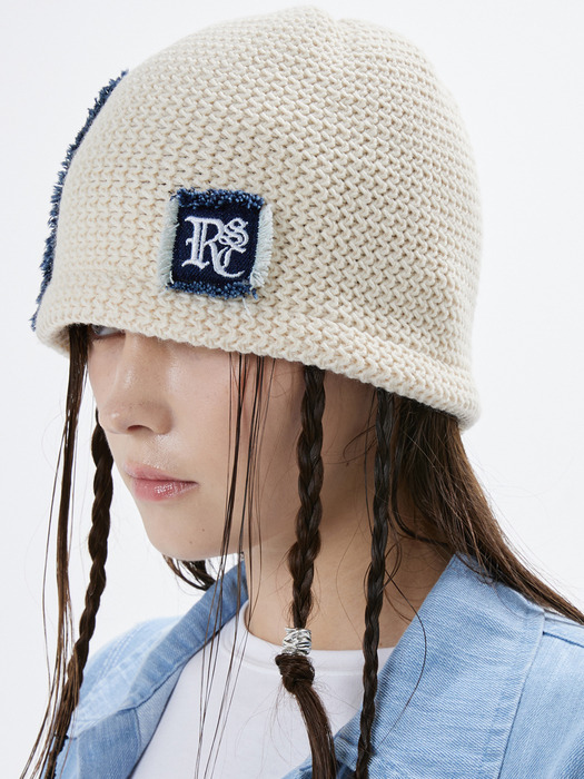 DENIM PATCHED KNIT BEANIE - IVORY