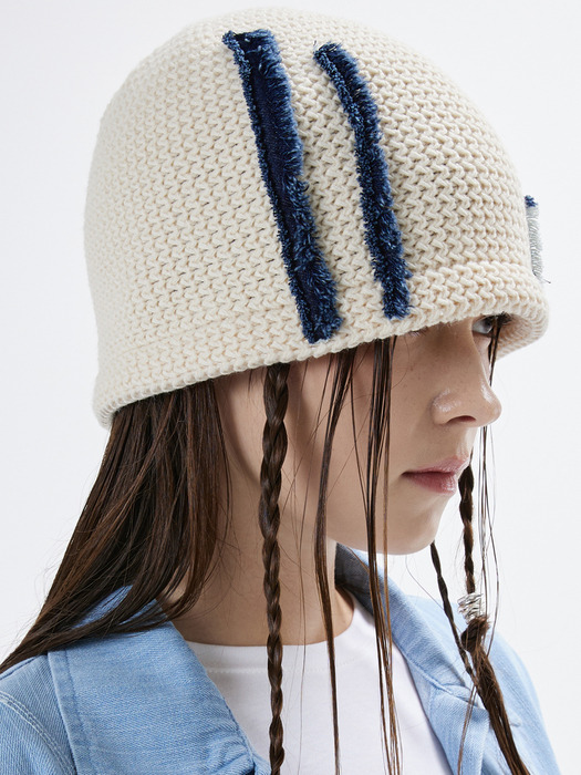 DENIM PATCHED KNIT BEANIE - IVORY