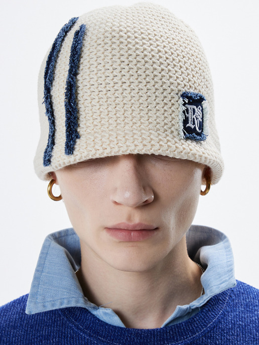 DENIM PATCHED KNIT BEANIE - IVORY