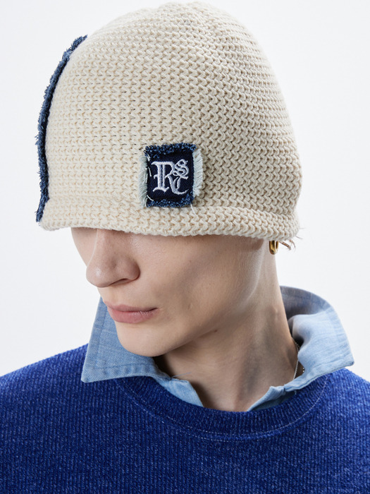 DENIM PATCHED KNIT BEANIE - IVORY