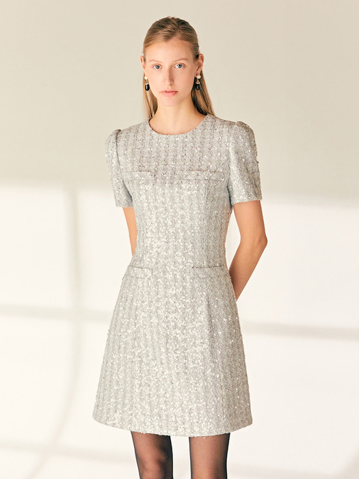 ROCHELLE Semi A-line spangle tweed mini dress (Silver)