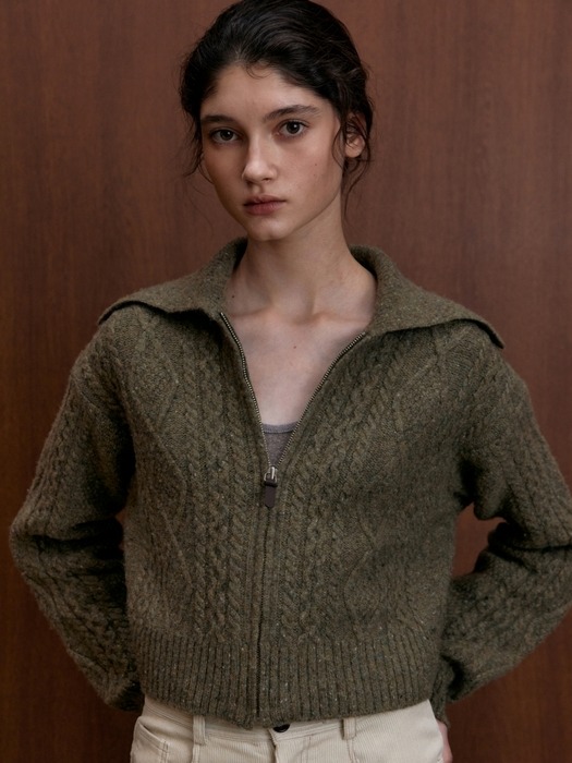CABLE ZIP UP WOOL KNIT CARDIGAN OLIVE GREEN