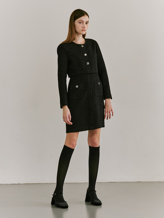 Round Neck Tweed Dress - Black