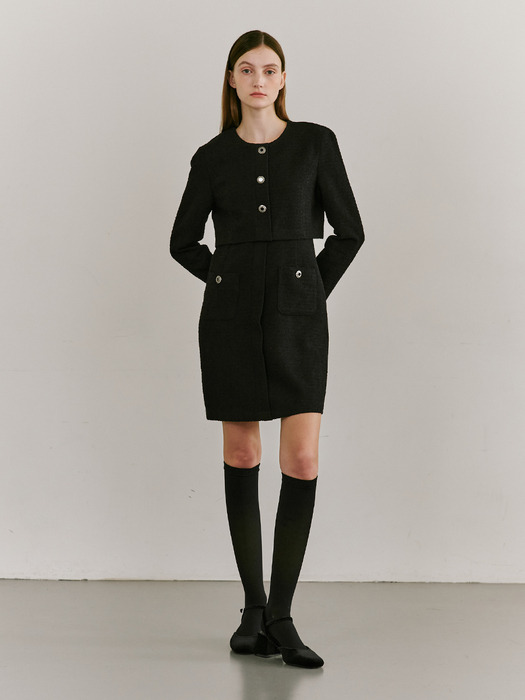 Round Neck Tweed Dress - Black