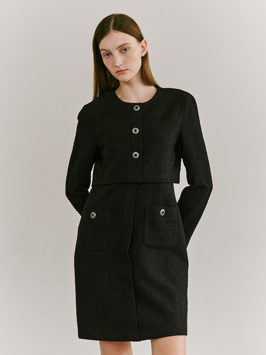 Round Neck Tweed Dress - Black