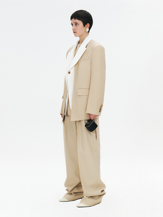 OVERSIZED TAILORED LAPEL COLLAR DOUBLE-LAYERED BLAZER - MILD BUTTER AND ECRU