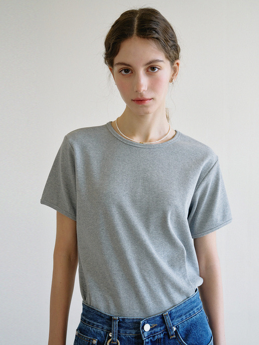 Basic Ribbed Half Sleeve Tshirt_Gray Melange