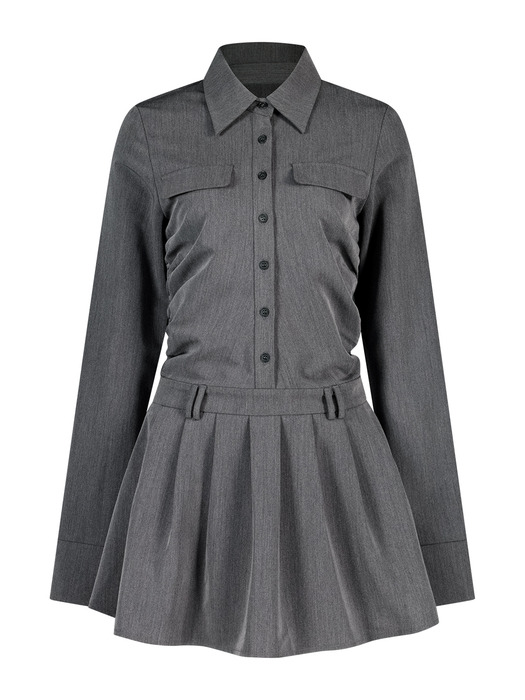 Waist Shirring pleats Dress - GRAY