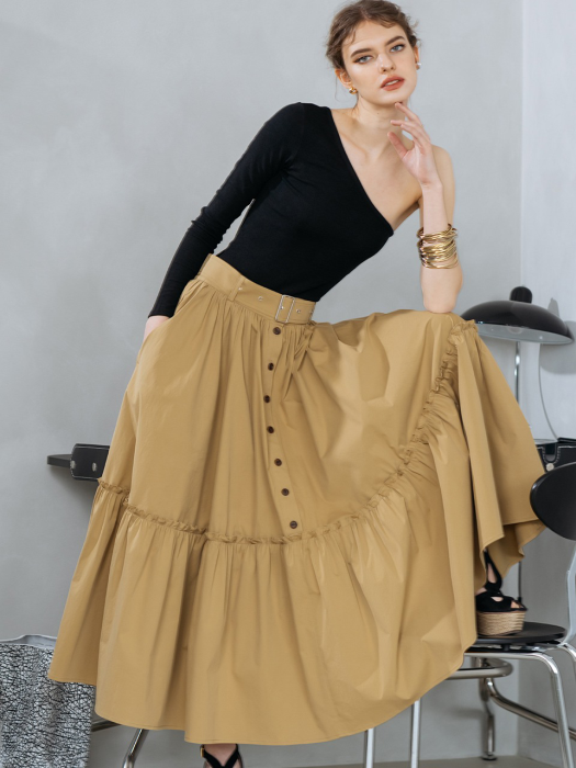 Buttons detail frill full skirt - beige