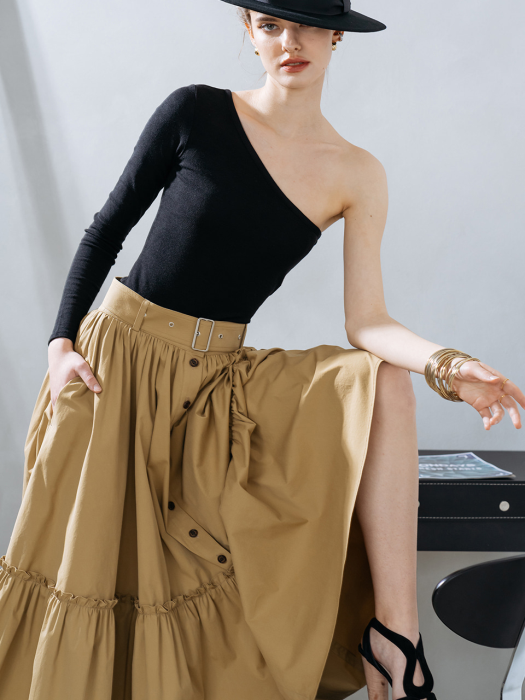 Buttons detail frill full skirt - beige