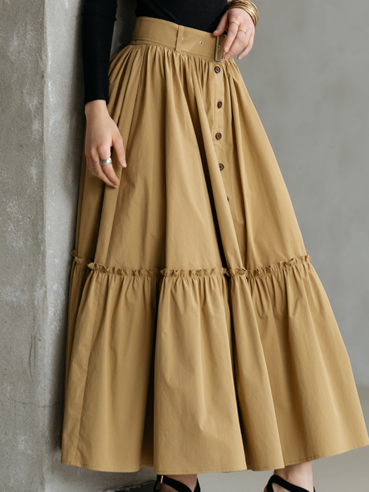 Buttons detail frill full skirt - beige