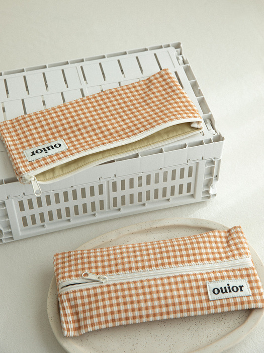 ouior flat pencil case - corduroy brown check(middle zipper)