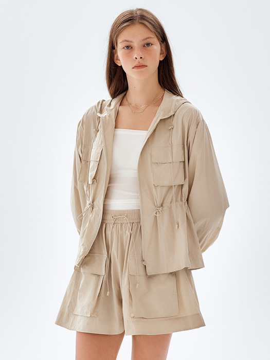 [City Outdoor] Drawstring Hooded Jacket+Out Pocket String Shorts SET