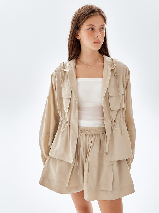 [City Outdoor] Drawstring Hooded Jacket+Out Pocket String Shorts SET