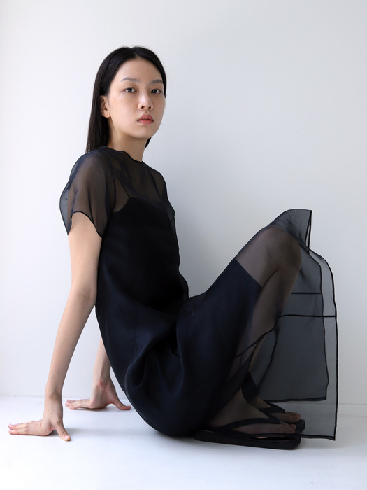 Half Sleeve Organza Silk Dress - Black