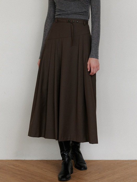 comos 1189 unbalance tuck flared skirt (brown)