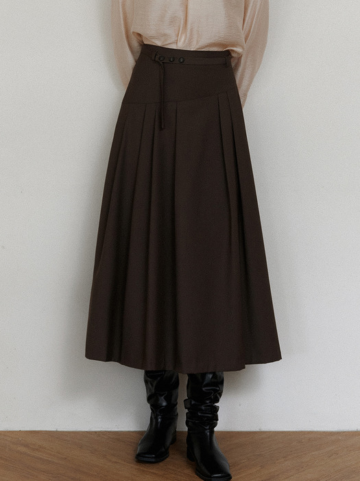 comos 1189 unbalance tuck flared skirt (brown)