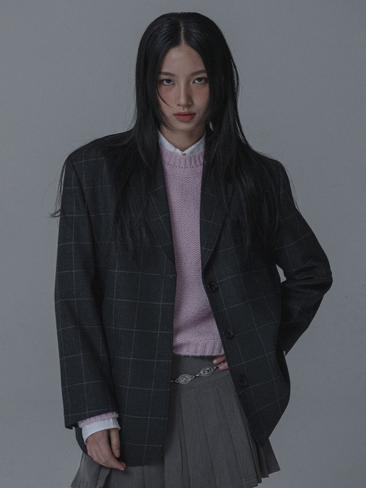 WOOL CHECK OVERSIZED BLAZER JACKET_GRAY