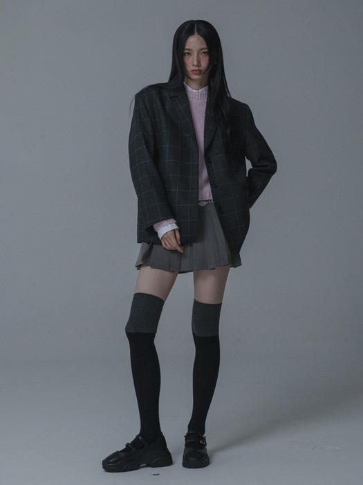 WOOL CHECK OVERSIZED BLAZER JACKET_GRAY