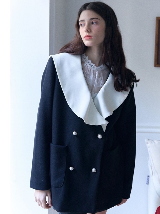 wool coloring sailor collar half coat_black