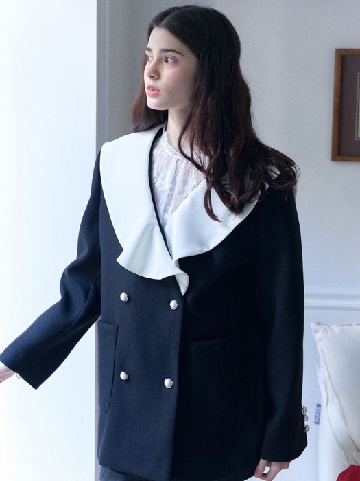 wool coloring sailor collar half coat_black