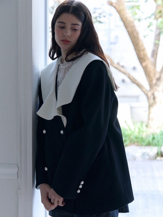 wool coloring sailor collar half coat_black