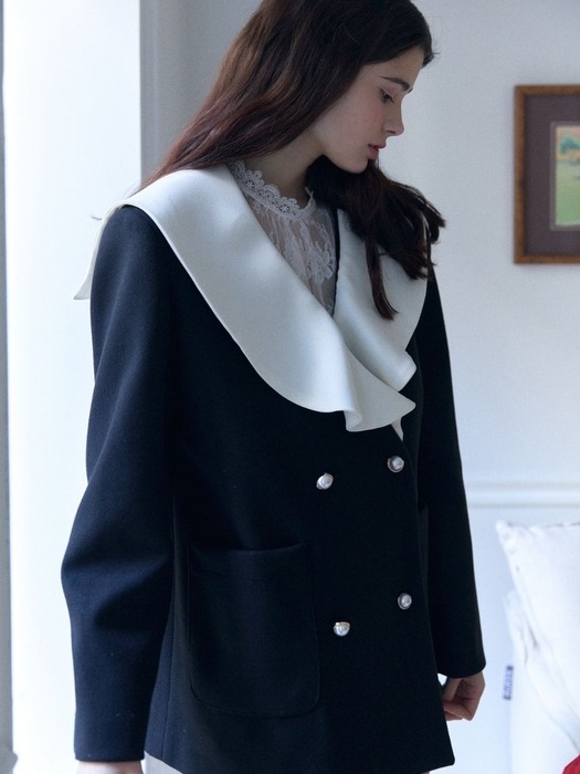 wool coloring sailor collar half coat_black