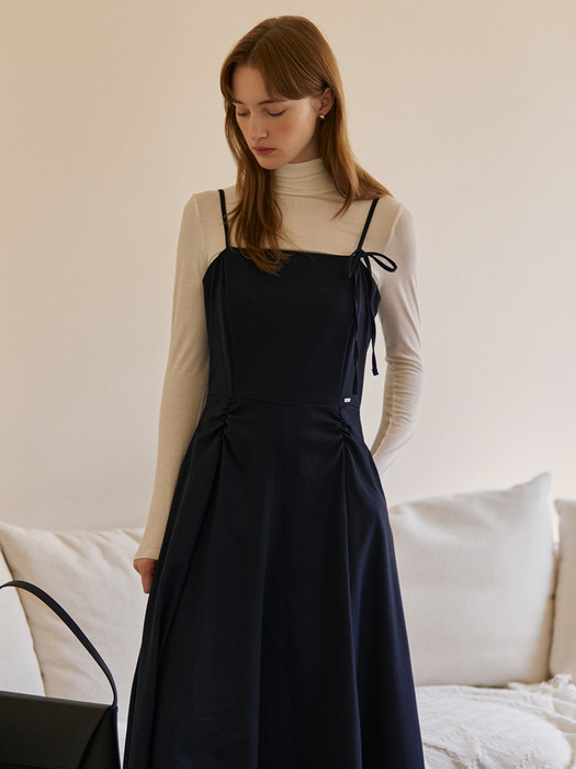 Shirring line ribbon long dress - navy