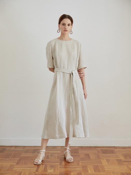 Natural Linen belted long one-piece