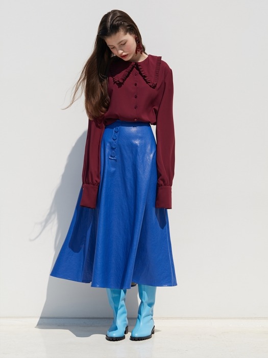 LEATHER FLARE SKIRT_BLUE