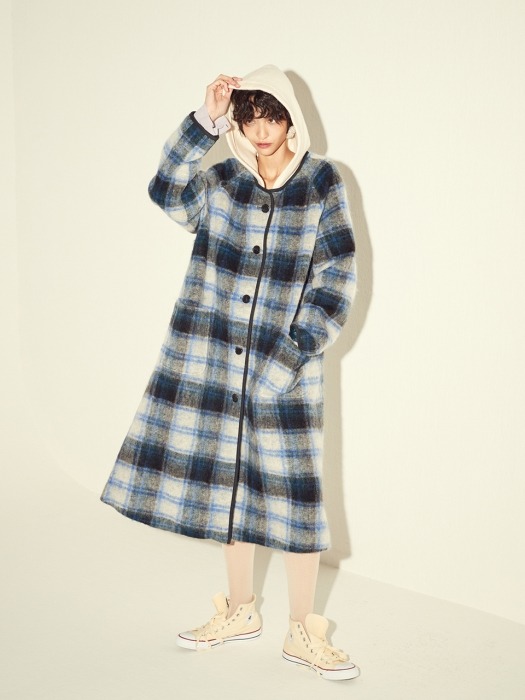 OVERSIZED TWO-TONE HOOD COAT - BLUE/PINK